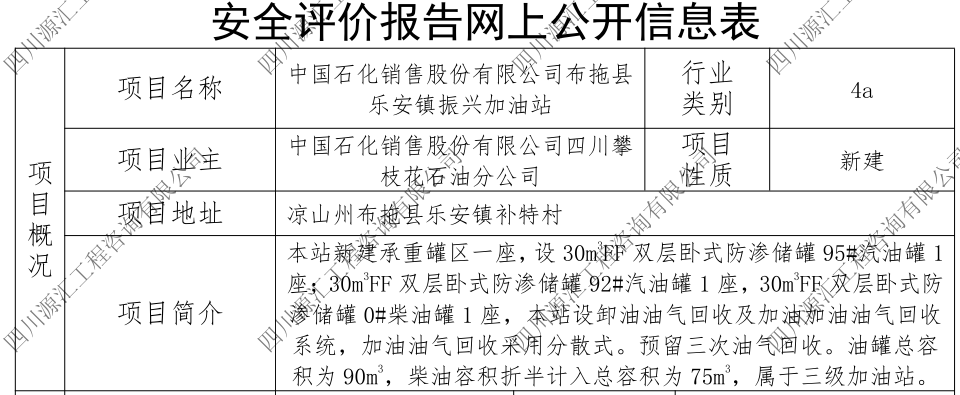 中国石化销售股份有限公司布拖县乐安镇振兴加油站网上公示