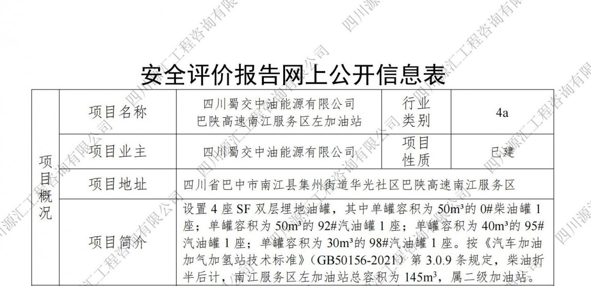 四川蜀交中油能源有限公司巴陕高速南江服务区左加油站网上公示