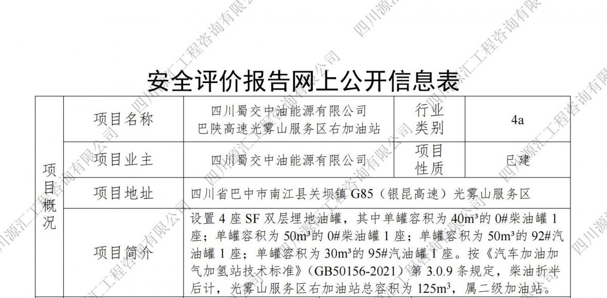 四川蜀交中油能源有限公司巴陕高速光雾山服务区右加油站网上公示