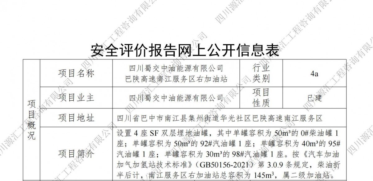 四川蜀交中油能源有限公司巴陕高速南江服务区右加油站网上公示