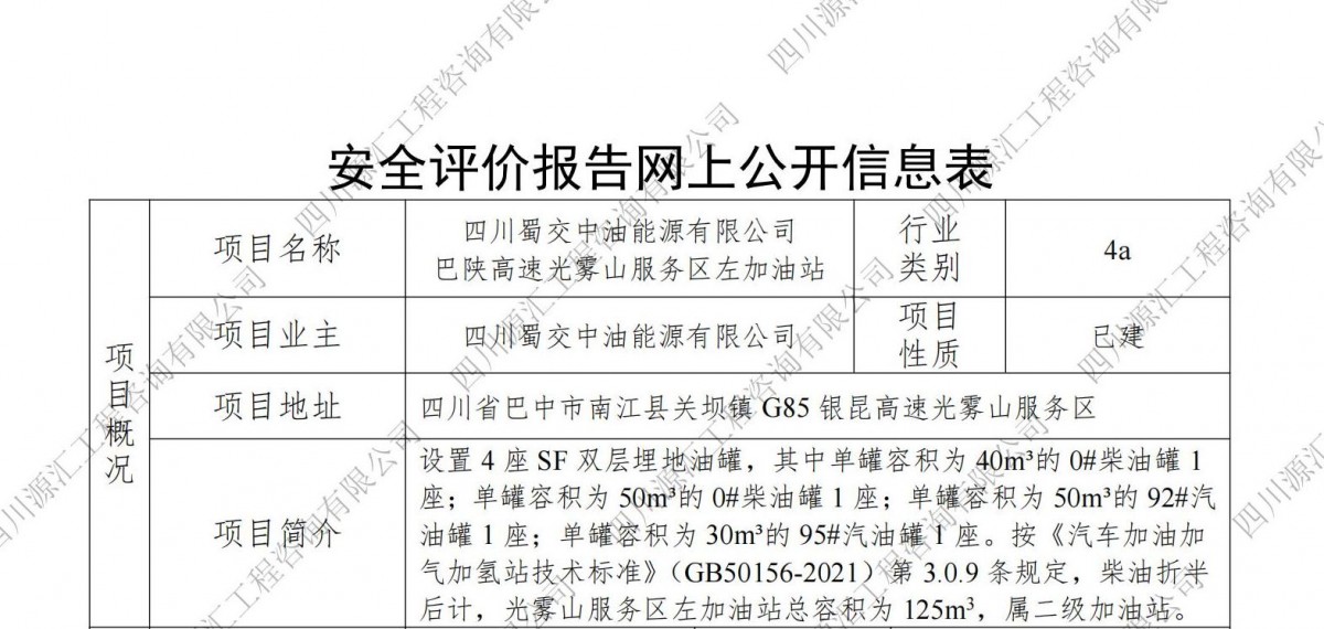 四川蜀交中油能源有限公司巴陕高速光雾山服务区左加油站网上公示