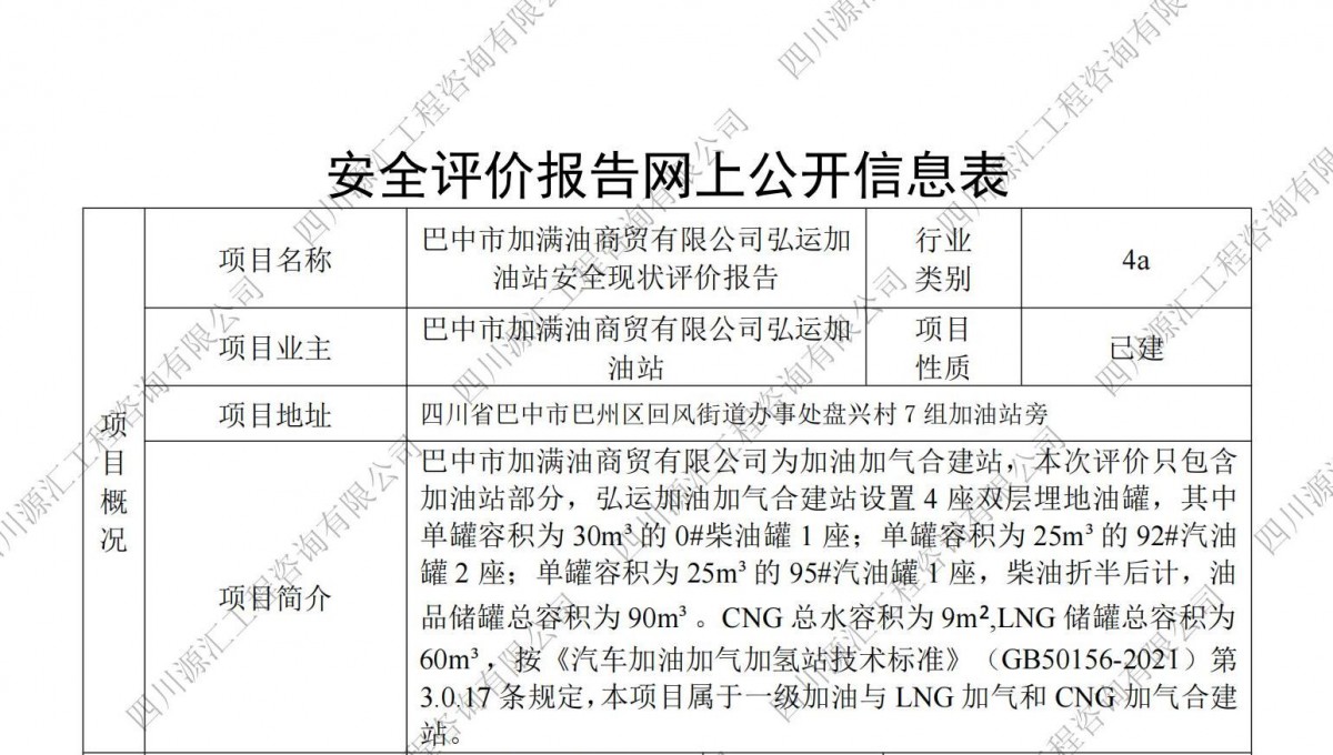 巴中市加满油商贸有限公司弘运加油站安全现状评价报告网上公示