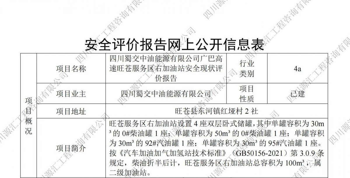 四川蜀交中油能源有限公司广巴高速旺苍服务区右加油站安全现状评价报告网上公示