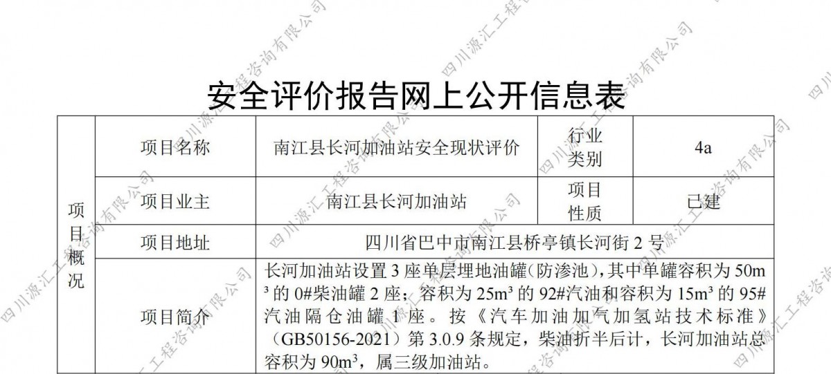 南江县长河加油站安全现状评价网上公示