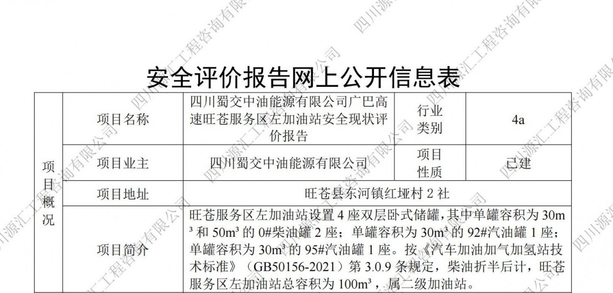 四川蜀交中油能源有限公司广巴高速旺苍服务区左加油站安全现状评价报告网上公示