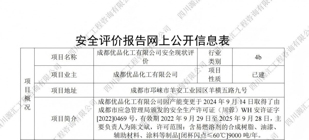 成都优品化工有限公司安全现状评价