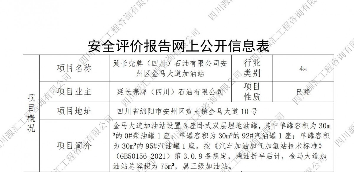 延长壳牌（四川）石油有限公司安州区金马大道加油站网上公示