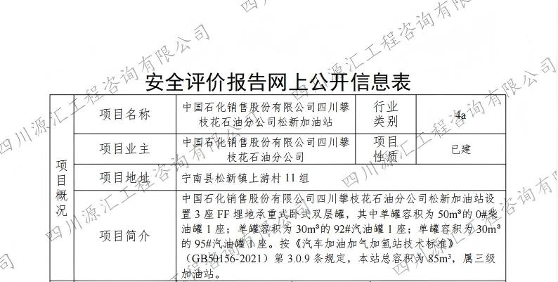 中国石化销售股份有限公司四川攀枝花石油分公司松新加油站网上公示