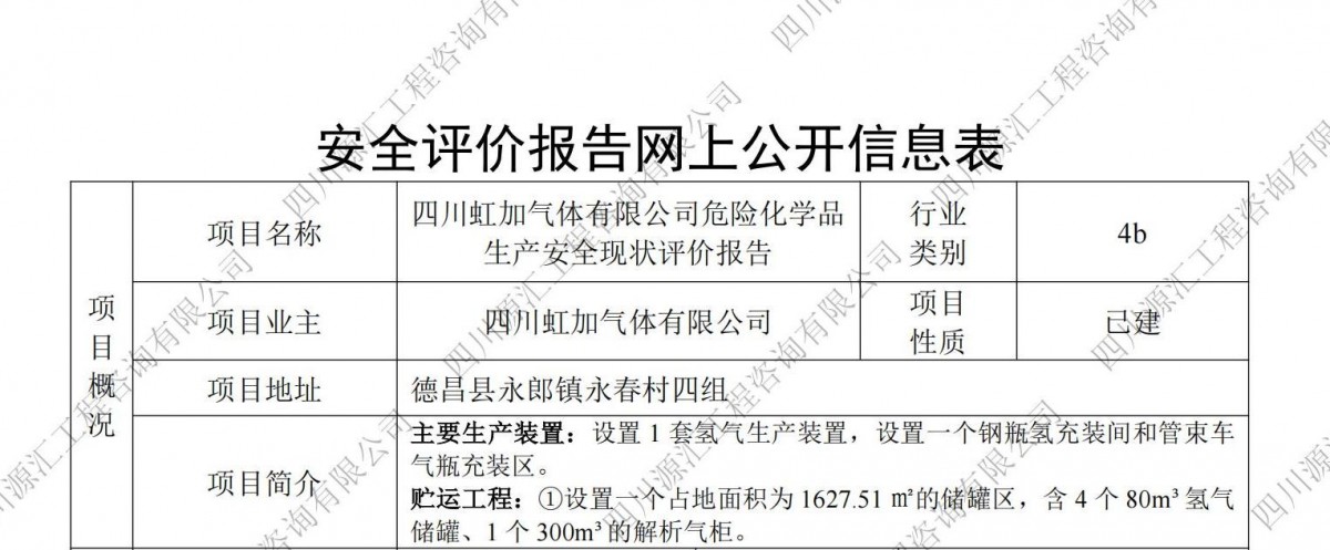 四川虹加气体有限公司危险化学品生产安全现状评价报告网上公示