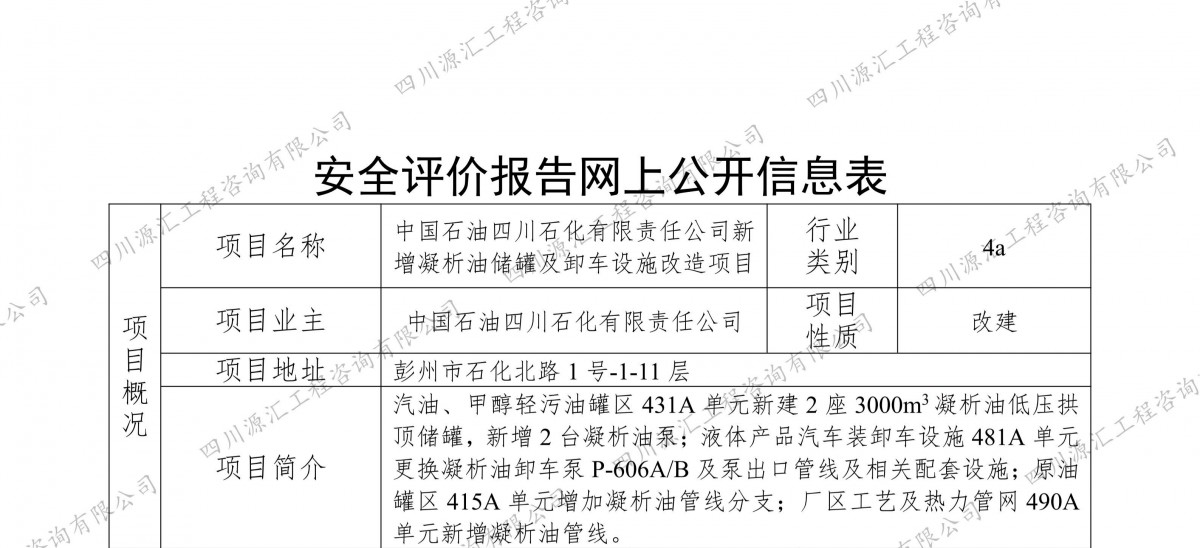 中国石油四川石化有限责任公司新增凝析油储罐及卸车设施改造项目网上公示